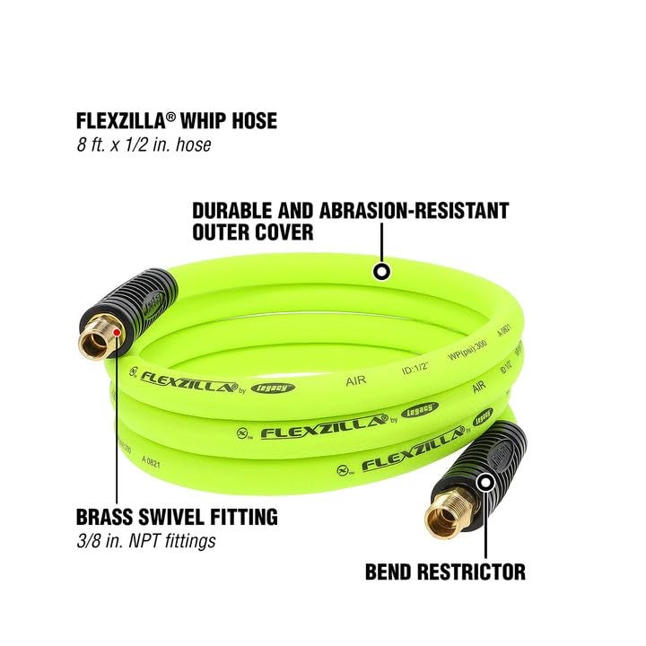 Flexzilla Swivel Whip Air Hose, 1/2 in. x 8 ft. (3/8 in. MNPT Swivel x 3/8 in. MNPT Ends), Heavy Duty, Lightweight, Hybrid, ZillaGreen - HFZ1208YW3S - Image 2
